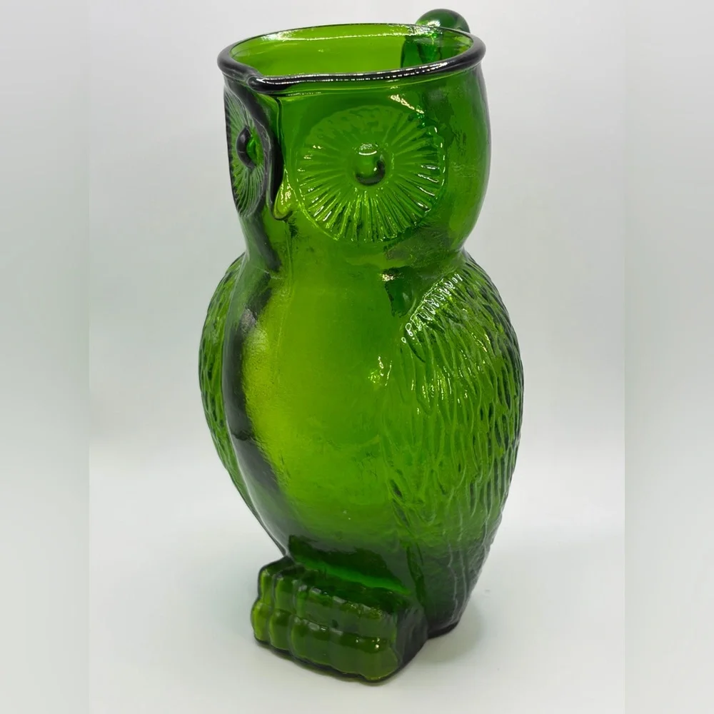 Vintage Green Art Glass Owl Figure Pitcher / Vase, Cottagecore Whimsigoth Decor